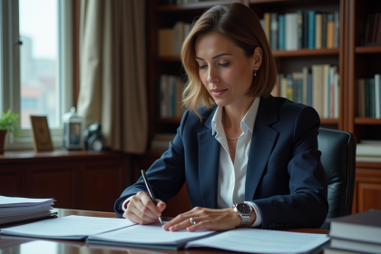 Femme d'âge moyen en costume navy examine des documents officiels
