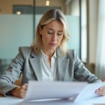 Femme professionnelle comparant des documents administratifs officiels à son bureau, illustrant la distinction entre numéro URSSAF et SIRET