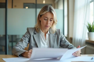 Femme professionnelle comparant des documents administratifs officiels à son bureau, illustrant la distinction entre numéro URSSAF et SIRET