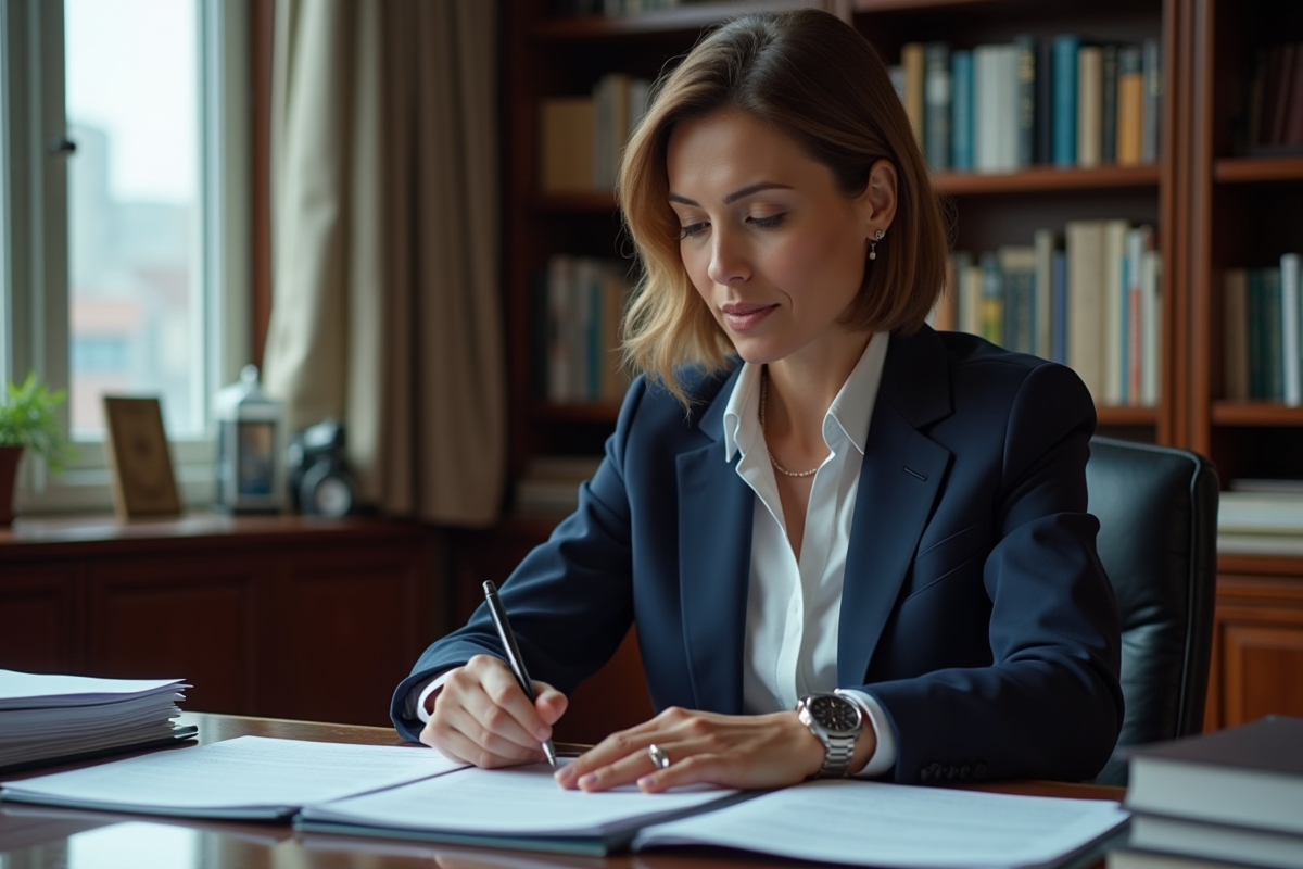 Femme d'âge moyen en costume navy examine des documents officiels