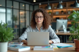 Femme travaillant sur un ordinateur dans un bureau moderne