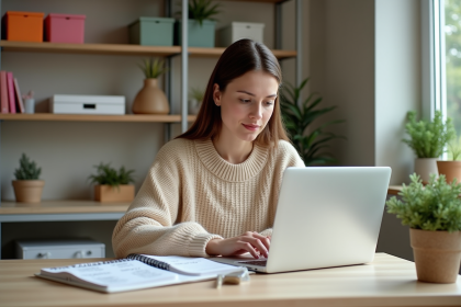 Femme travaillant sur son ordinateur dans un bureau lumineux