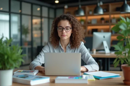 Femme travaillant sur un ordinateur dans un bureau moderne