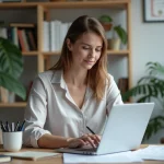Femme concentrée travaillant sur ses impôts à son bureau
