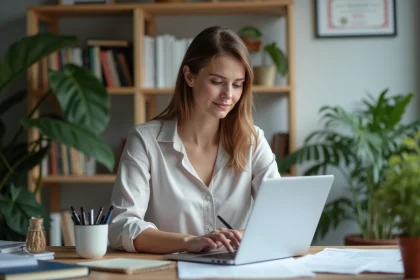 Femme concentrée travaillant sur ses impôts à son bureau
