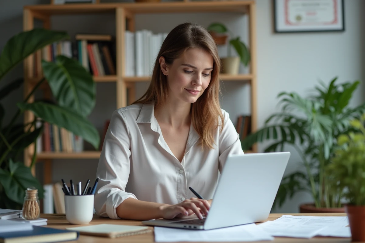 Femme concentrée travaillant sur ses impôts à son bureau