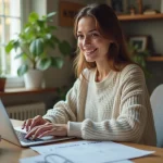 Jeune femme souriante dans un bureau moderne avec factures
