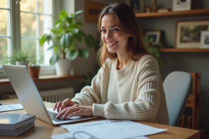 Jeune femme souriante dans un bureau moderne avec factures