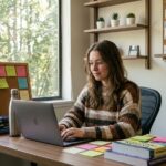 Jeune femme en bureau moderne travaillant sur son ordinateur
