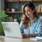 Femme concentrée travaillant sur un ordinateur dans un bureau moderne