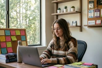 Jeune femme en bureau moderne travaillant sur son ordinateur