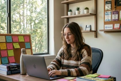 Jeune femme en bureau moderne travaillant sur son ordinateur
