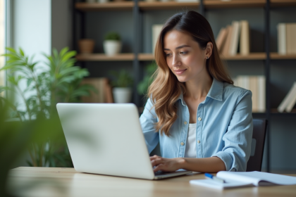 Femme concentrée travaillant sur un ordinateur dans un bureau moderne