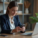 Jeune femme en bureau regardant son smartphone intralignes