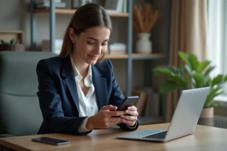 Jeune femme en bureau regardant son smartphone intralignes