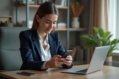Jeune femme en bureau regardant son smartphone intralignes