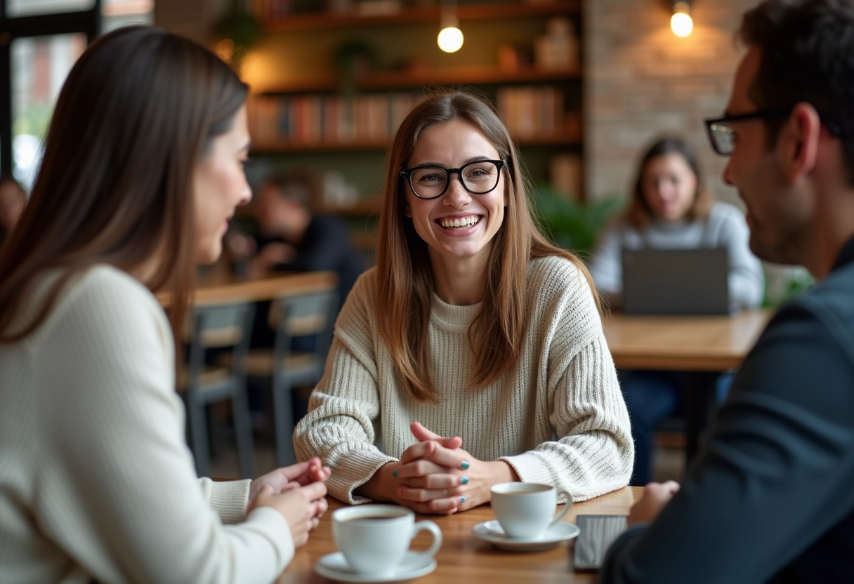 Jeune femme discutant avec des amis dans un café chaleureux