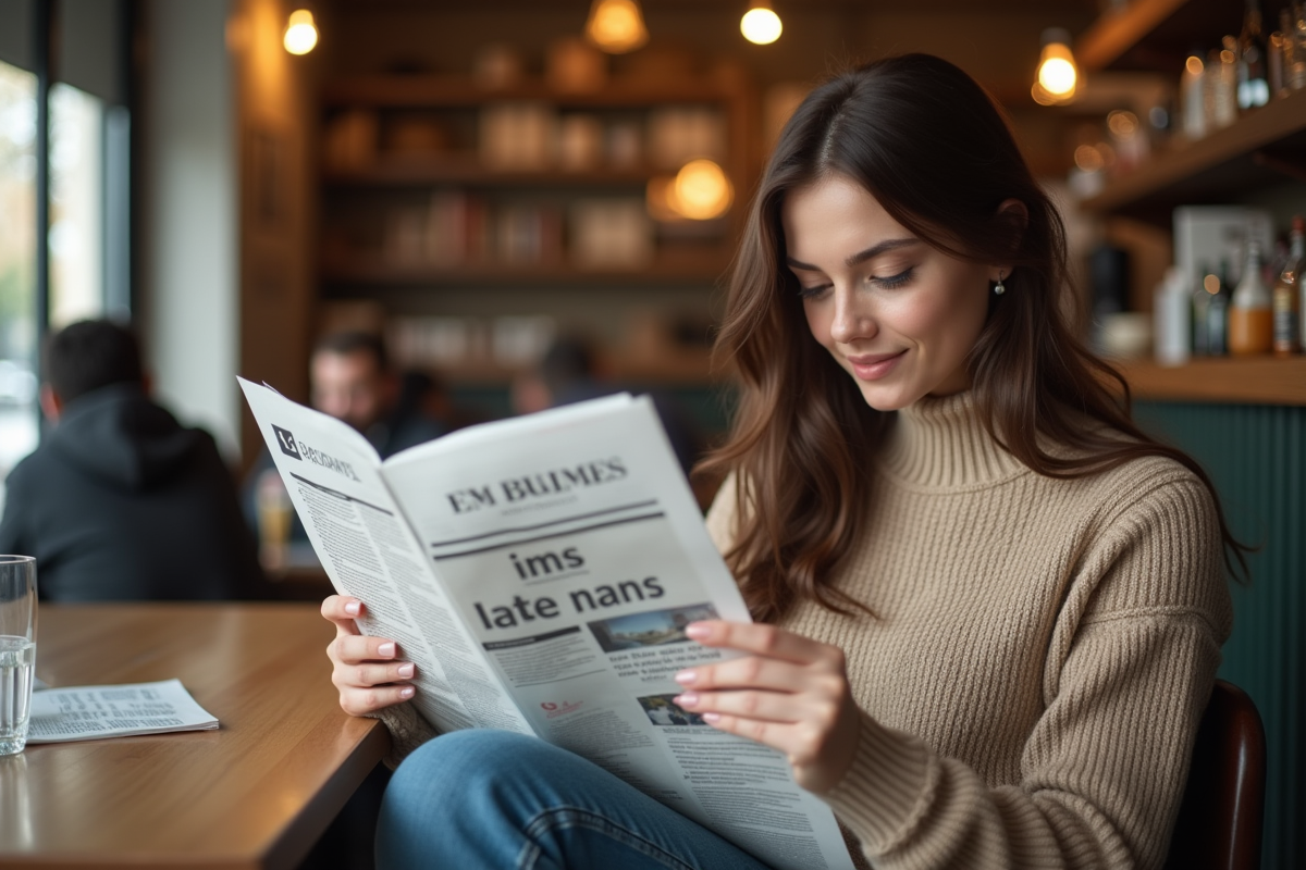 Jeune femme lisant un journal dans un café