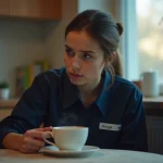 Jeune femme fatiguée buvant un café au matin