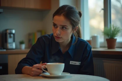 Jeune femme fatiguée buvant un café au matin