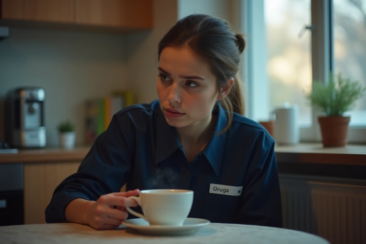 Jeune femme fatiguée buvant un café au matin
