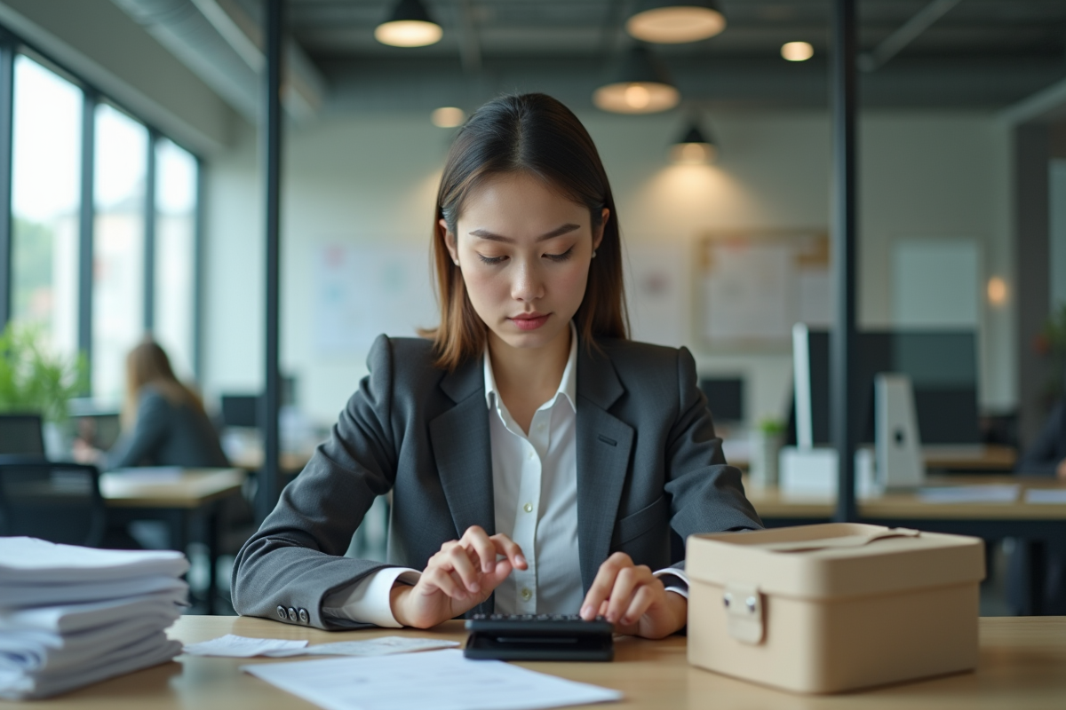 Jeune femme au bureau utilise une calculatrice avec lunchbox