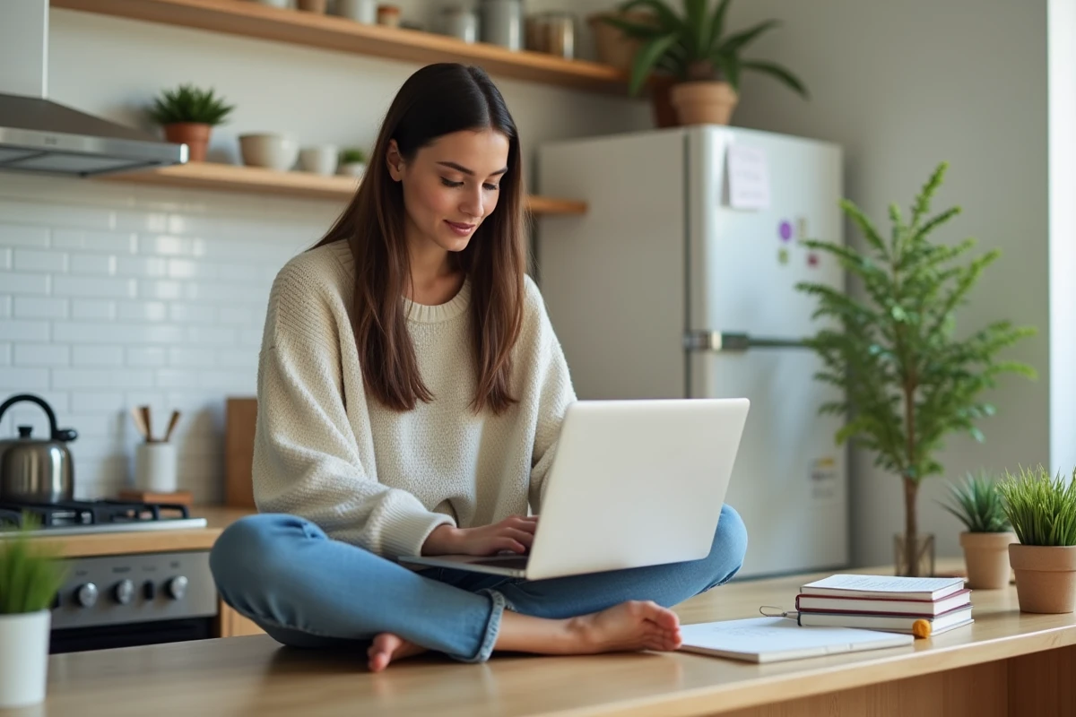 Jeune femme mettant à jour un calendrier numérique à la maison