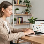 Femme consultant une liste de marques classées par ordre alphabétique sur un site web depuis son bureau à domicile