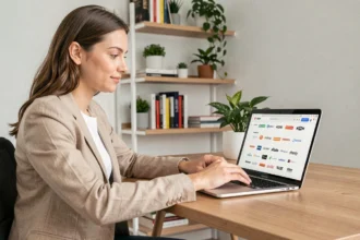 Femme consultant une liste de marques classées par ordre alphabétique sur un site web depuis son bureau à domicile