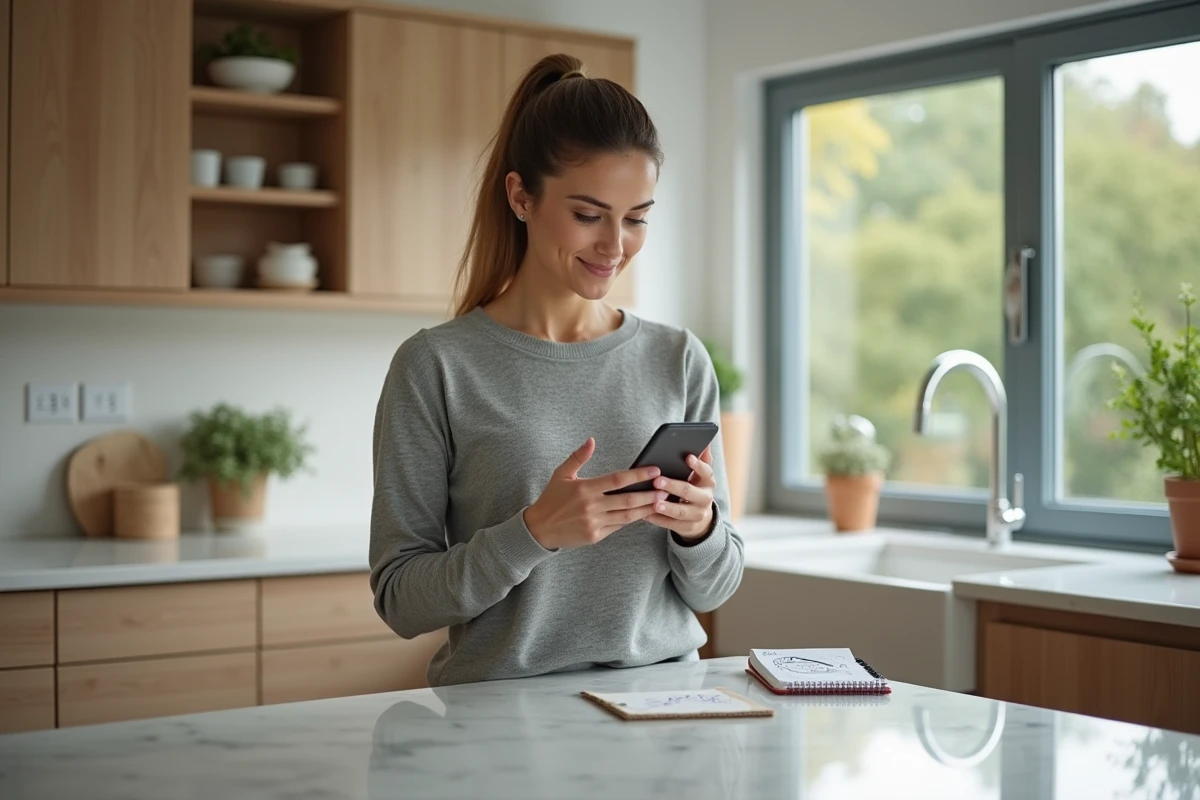 Femme consultant son application de gestion Partylite sur smartphone dans une cuisine moderne