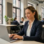 Femme professionnelle travaillant dans un espace de coworking moderne à Roubaix, assise à un bureau épuré avec un ordinateur portable
