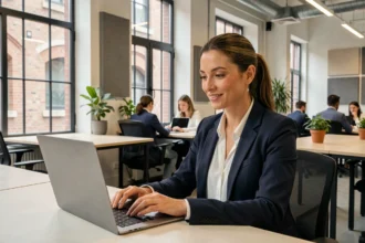 Femme professionnelle travaillant dans un espace de coworking moderne à Roubaix, assise à un bureau épuré avec un ordinateur portable