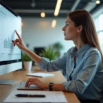 Femme en smartcasual naviguant un tableau digital moderne