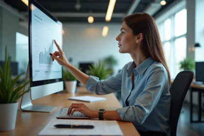 Femme en smartcasual naviguant un tableau digital moderne