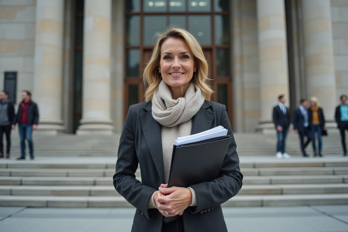 Femme debout devant un hôtel de ville en tenue professionnelle