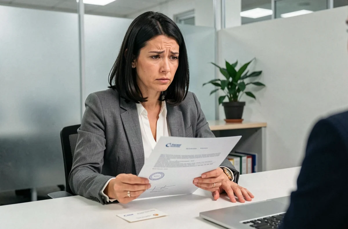 Femme tenant un devis signé avec acompte dans un bureau commercial, réfléchissant à une rétractation