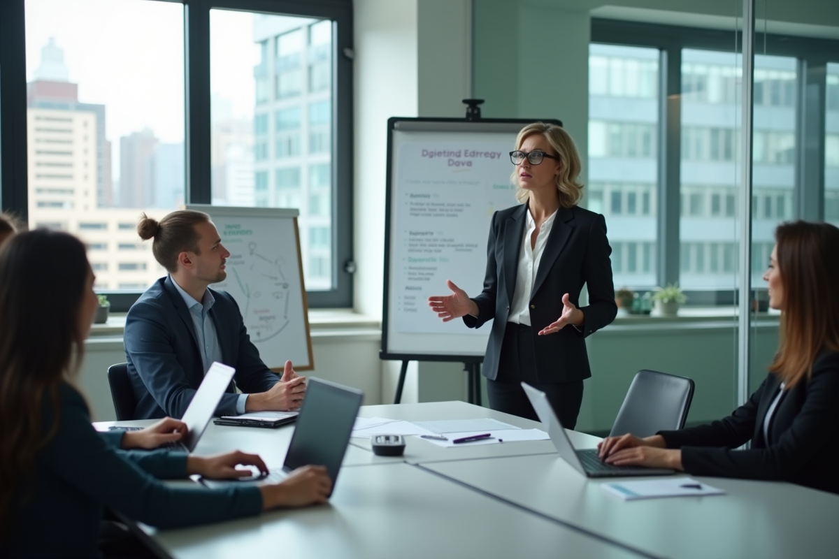 Femme en blazer expliquant une strategie digitale en réunion