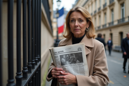 Femme française en manteau beige devant un bâtiment parisien