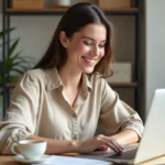 Femme gérant son activité Partylite My Business depuis un bureau à domicile avec un ordinateur portable