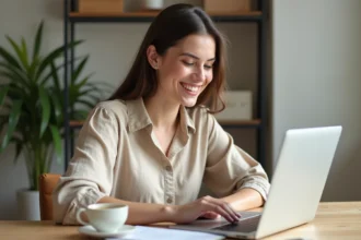 Femme gérant son activité Partylite My Business depuis un bureau à domicile avec un ordinateur portable