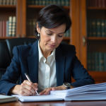 Femme d'âge moyen examinant des documents administratifs