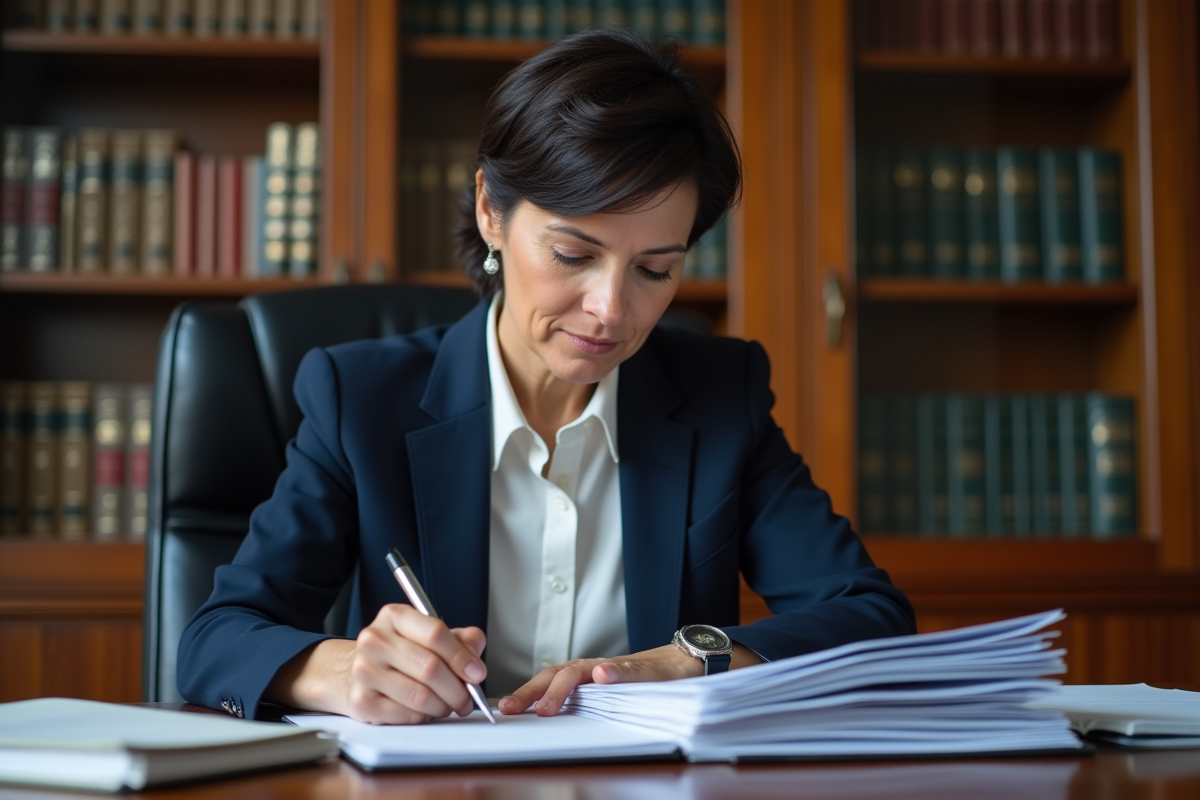 Femme d'âge moyen examinant des documents administratifs