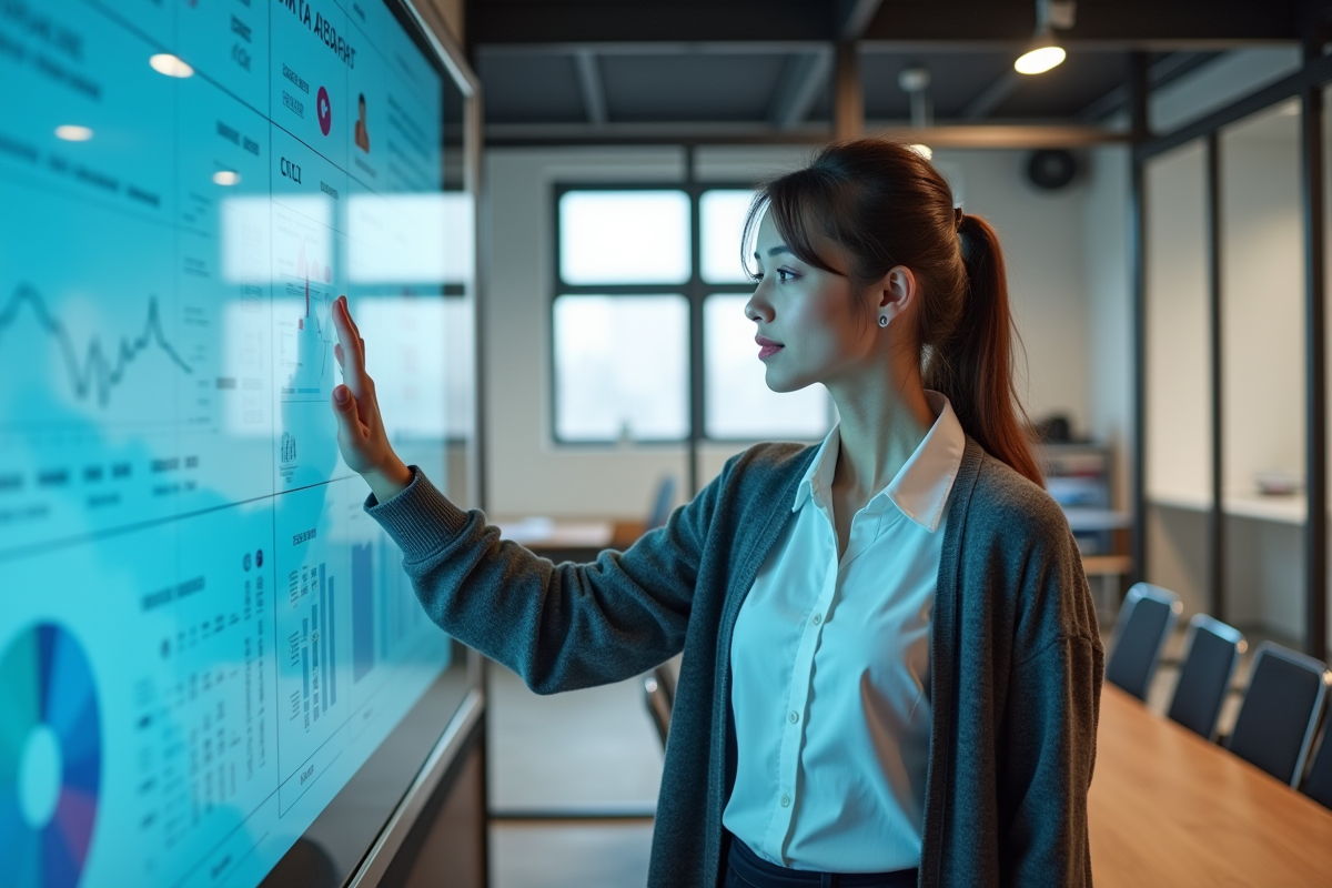 Jeune femme en businesscasual utilisant un écran tactile