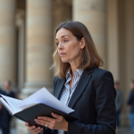 Femme française debout devant le Palais de Justice à Paris