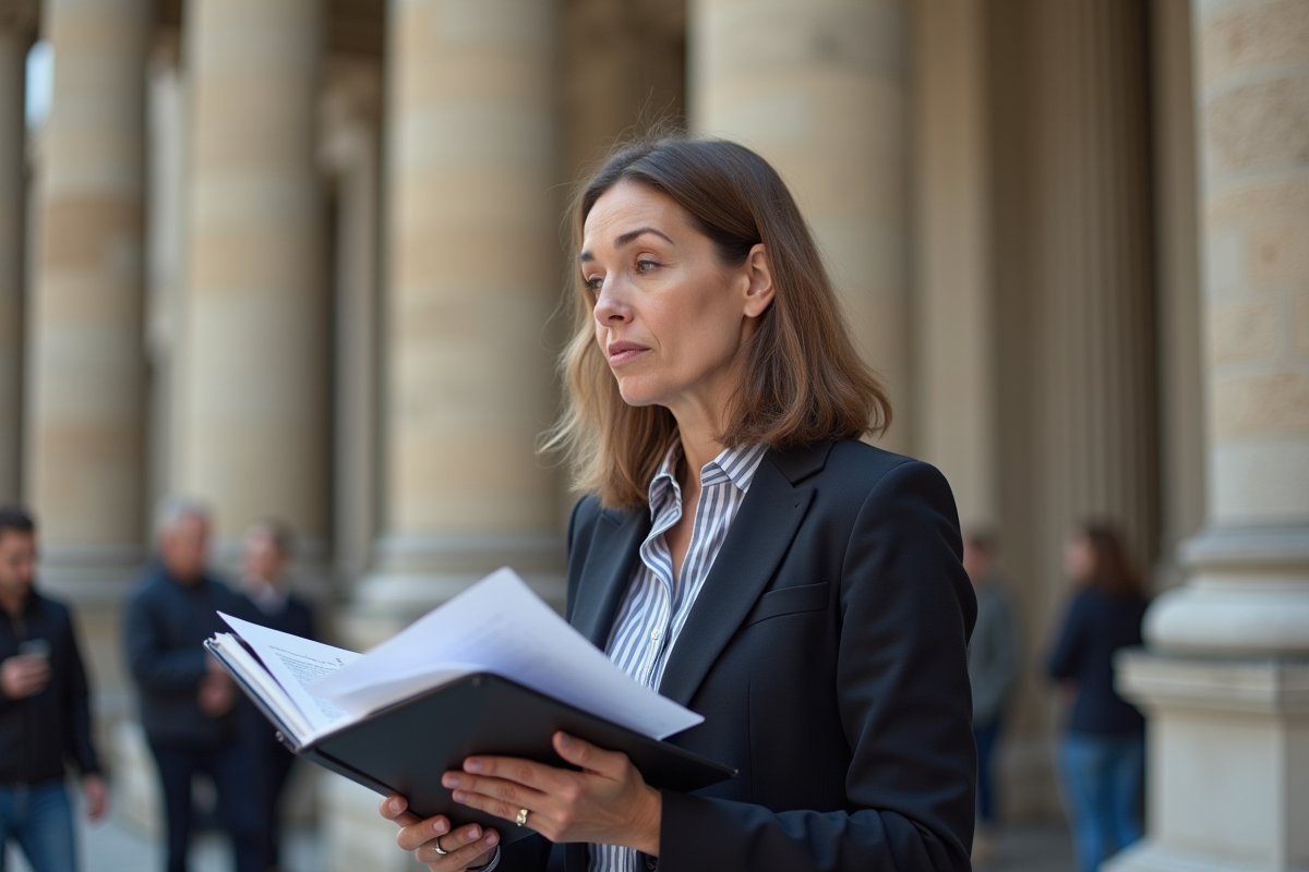 Femme française debout devant le Palais de Justice à Paris