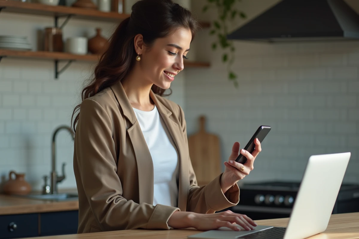 Jeune femme vérifiant un email dans la cuisine