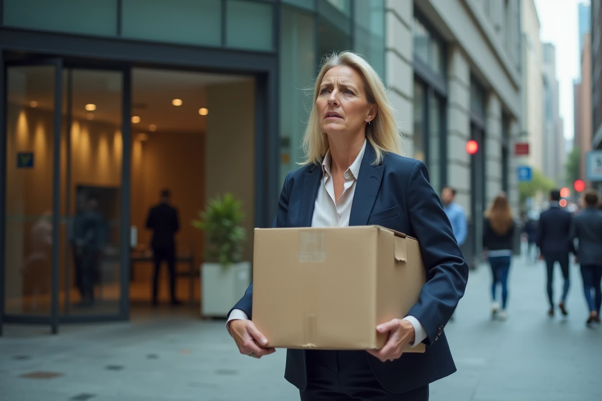 Femme quittant son entreprise avec ses affaires personnelles après un licenciement, symbolisant la perte d'emploi et les droits au chômage
