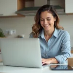 Femme souriante utilisant un ordinateur pour acheter des produits électriques