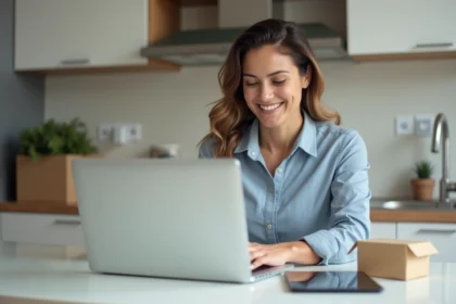 Femme souriante utilisant un ordinateur pour acheter des produits électriques