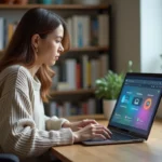 Femme concentrée utilisant un ordinateur avec dashboard IA dans un bureau cosy